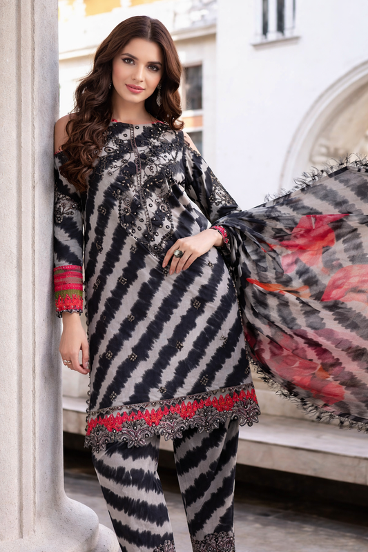 Charizma Charcoal Stripe Embroidered Lawn Suit