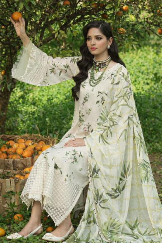 Sardinia White Leaf Embroidered Lawn Suit