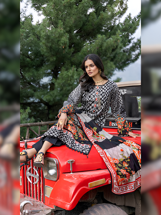 Black and White Printed 3-Piece Suit with Floral Accents