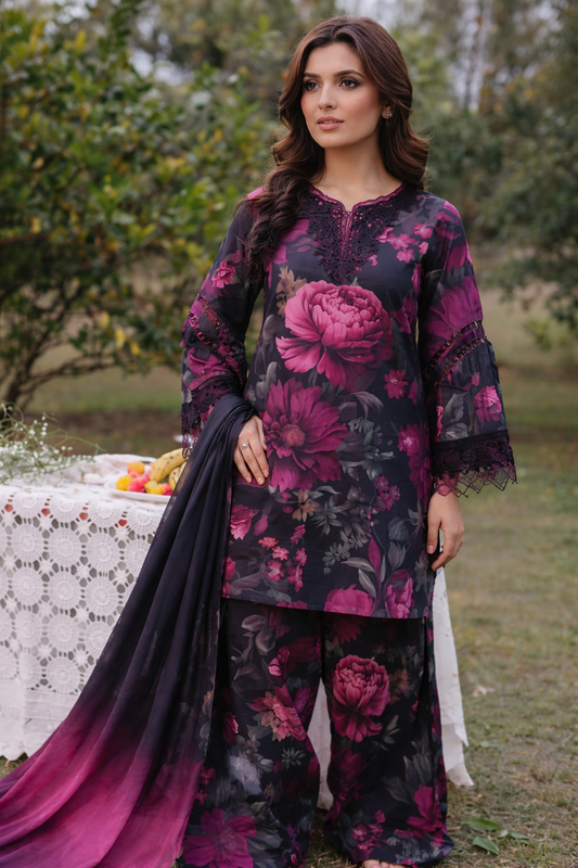 Iznik Purple Bloom Printed Bana Dora Suit