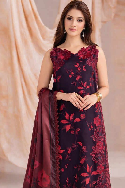 Asifa & Nabeel Burgundy Velvet Embroidered Lawn Suit
