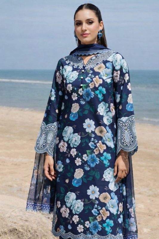Baroque Azure Bloom Printed Lawn Suit
