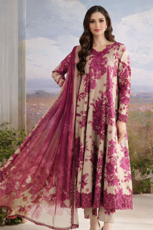 Iznik Rose Twilight Printed Embroidered Suit
