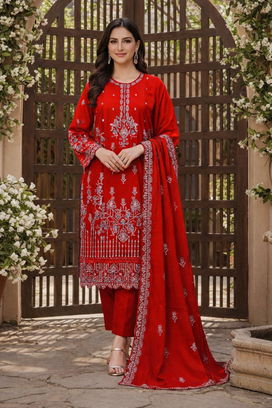 Crimson Ziva – Festive Embroidered Cotton Suit
