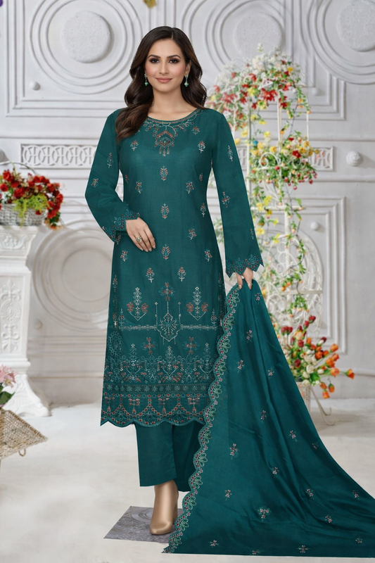 Emerald Whisper – Festive Embroidered Cotton Suit