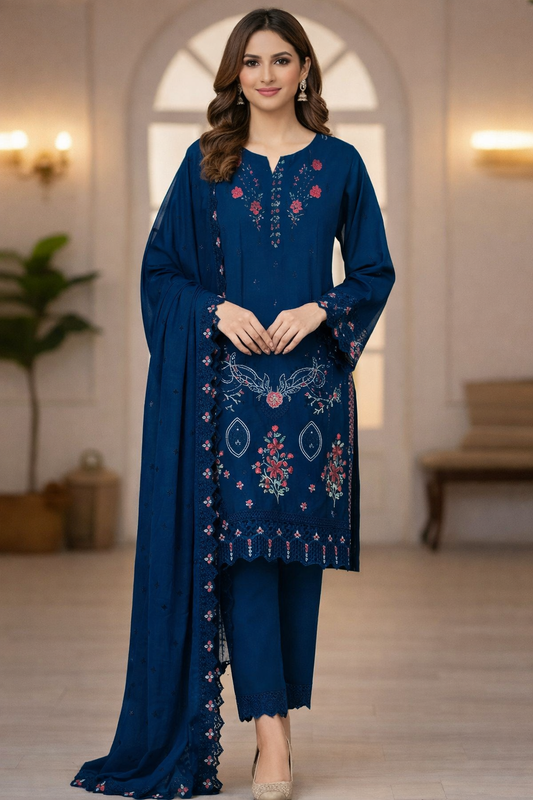 Midnight Azure – Festive Embroidered Cotton Suit