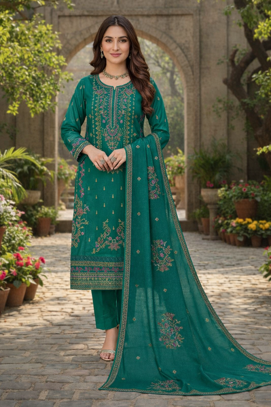 Emerald Noor – Festive Embroidered Cotton Suit