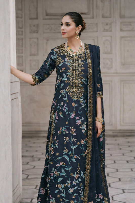 Iznik Festive Navy Floral Embroidered Lawn Suit