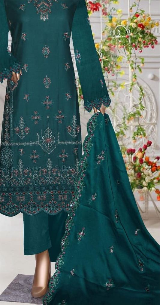Emerald Whisper – Festive Embroidered Cotton Suit