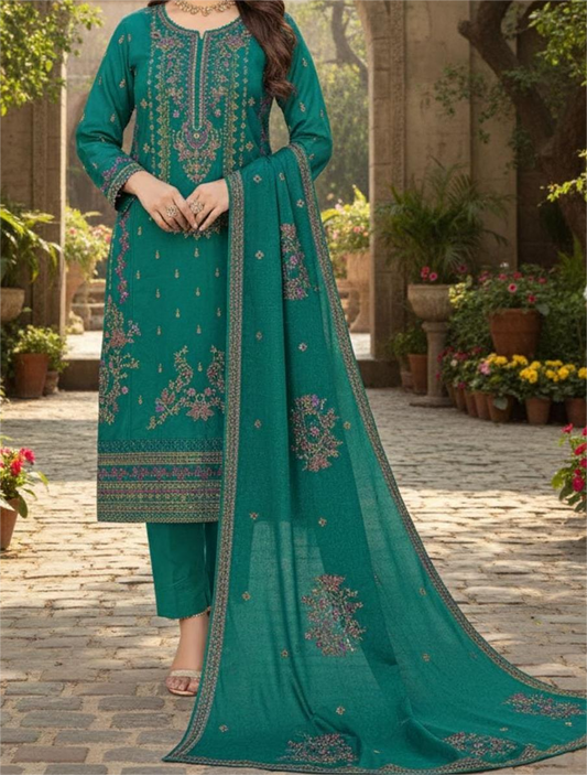 Emerald Noor – Festive Embroidered Cotton Suit