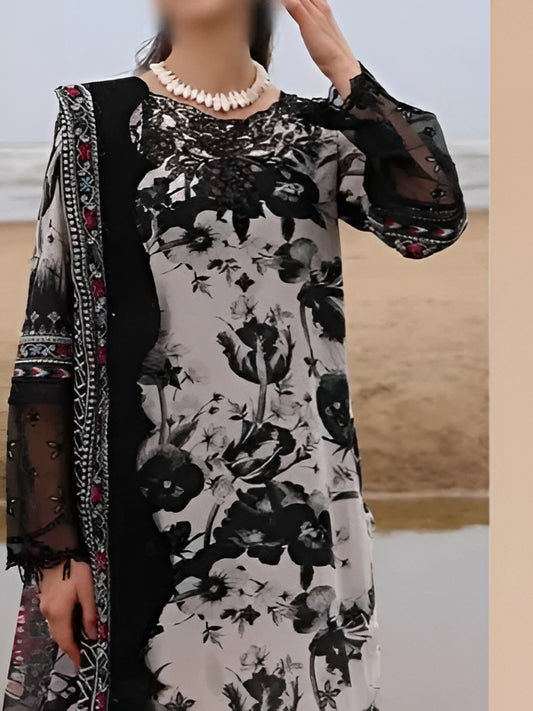 Norah Ebony Floral Printed Chiffon Suit