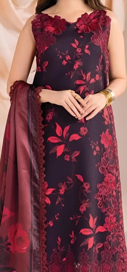 Asifa & Nabeel Burgundy Velvet Embroidered Lawn Suit