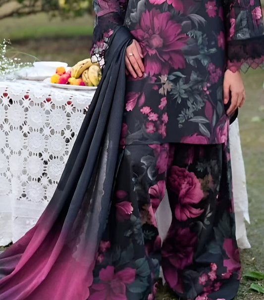Iznik Purple Bloom Printed Bana Dora Suit